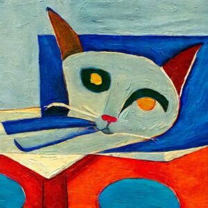 An AI generated image of a cat on a table, in the style of Picasso.